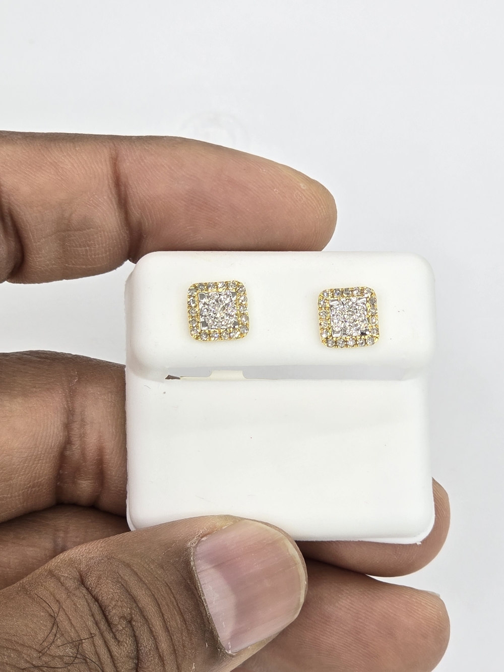 Real Natural Diamond 10kt Gold Square Stud Earring